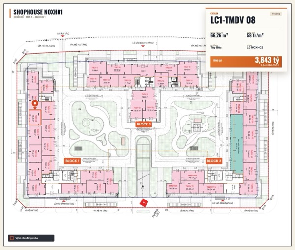 Shophouse khối đế Happy Home căn LC1-TMDV 08 — lô NOXH01, hướng Tây Bắc, diện tích 66,26 m², đơn giá 58 triệu/m², khoảng 3,84 tỷ đã gồm VAT