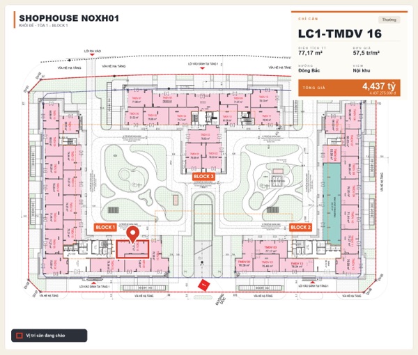 Shophouse khối đế Happy Home căn LC1-TMDV 16 — lô NOXH01, hướng Đông Bắc, diện tích 77,17 m², đơn giá 57,5 triệu/m², khoảng 4,44 tỷ đã gồm VAT
