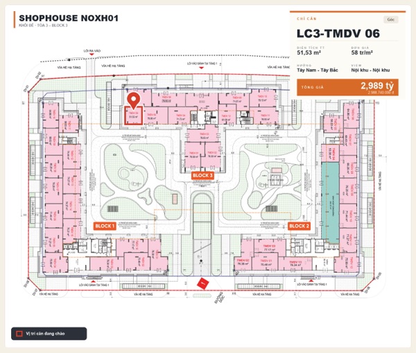Shophouse khối đế Happy Home căn LC3-TMDV 06 — lô NOXH01, hướng Tây Nam - Tây Bắc, căn góc, diện tích 51,53 m², đơn giá 58 triệu/m², khoảng 2,99 tỷ đã gồm VAT