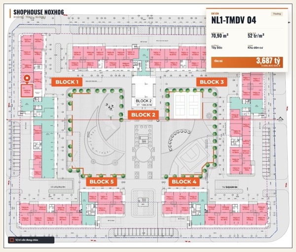 Shophouse khối đế Happy Home căn NL1-TMDV 04 — lô NOXH06, hướng Tây Bắc, diện tích 70,9 m², đơn giá 52 triệu/m², khoảng 3,69 tỷ đã gồm VAT