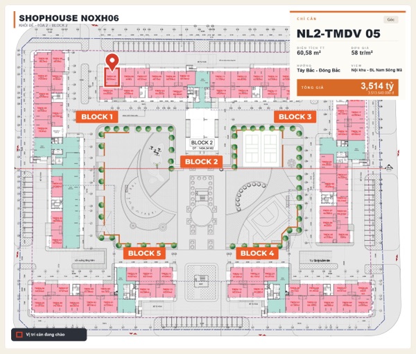Shophouse khối đế Happy Home căn NL2-TMDV 05 — lô NOXH06, hướng Tây Bắc - Đông Bắc, căn góc, diện tích 60,58 m², đơn giá 58 triệu/m², khoảng 3,51 tỷ đã gồm VAT