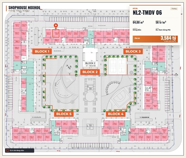 Shophouse khối đế Happy Home căn NL2-TMDV 06 — lô NOXH06, hướng Đông Bắc, diện tích 64 m², đơn giá 56 triệu/m², khoảng 3,58 tỷ đã gồm VAT