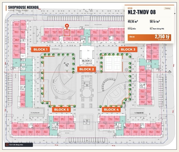 Shophouse khối đế Happy Home căn NL2-TMDV 08 — lô NOXH06, hướng Đông Bắc, diện tích 49,1 m², đơn giá 56 triệu/m², khoảng 2,75 tỷ đã gồm VAT