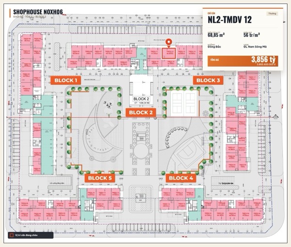 Shophouse khối đế Happy Home căn NL2-TMDV 12 — lô NOXH06, hướng Đông Bắc, diện tích 68,85 m², đơn giá 56 triệu/m², khoảng 3,86 tỷ đã gồm VAT