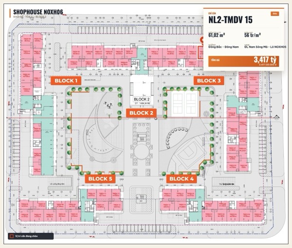 Shophouse khối đế Happy Home căn NL2-TMDV 15 — lô NOXH06, hướng Đông Bắc- Đông Nam, căn góc, diện tích 61,02 m², đơn giá 56 triệu/m², khoảng 3,42 tỷ đã gồm VAT
