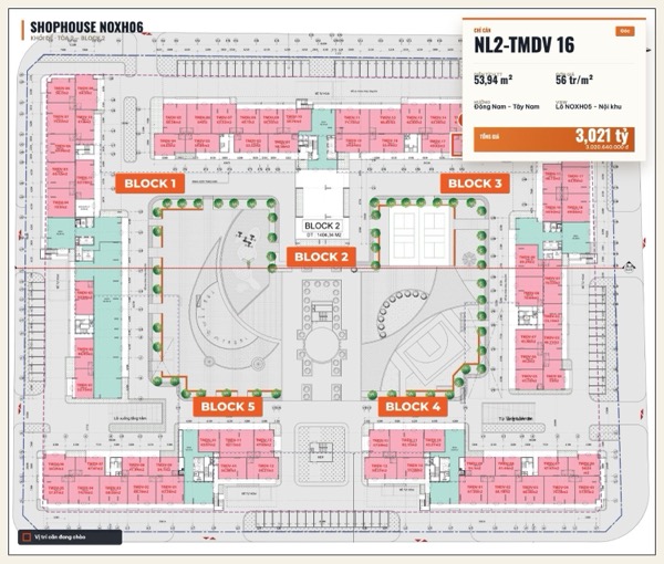 Shophouse khối đế Happy Home căn NL2-TMDV 16 — lô NOXH06, hướng Đông Nam - Tây Nam, căn góc, diện tích 53,94 m², đơn giá 56 triệu/m², khoảng 3,02 tỷ đã gồm VAT