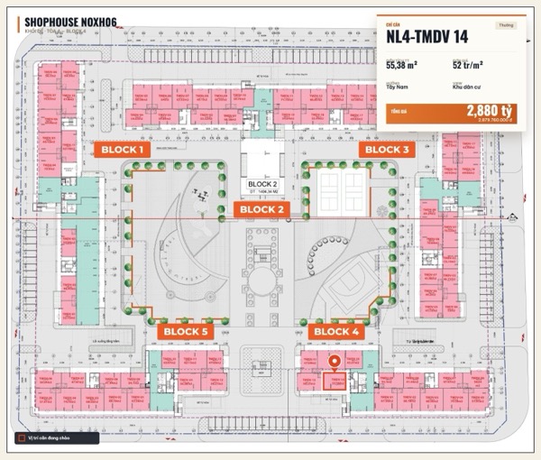 Shophouse khối đế Happy Home căn NL4-TMDV 14 — lô NOXH06, hướng Tây Nam, diện tích 55,38 m², đơn giá 52 triệu/m², khoảng 2,88 tỷ đã gồm VAT