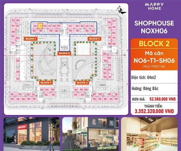 Shophouse khối đế Happy Home căn NO6-T2-SH06 — phân khu NOXH06, diện tích 64 m², đơn giá 52,4 triệu/m², khoảng 3,35 tỷ đã gồm VAT