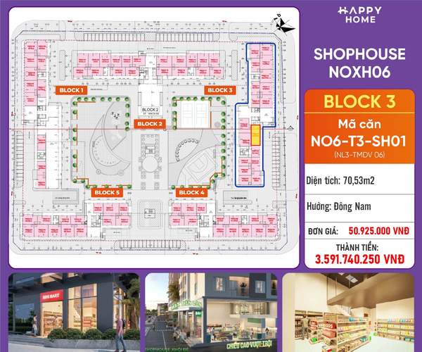 Shophouse khối đế Happy Home căn NO6-T3-SH01 — phân khu NOXH06, diện tích 70,53 m², đơn giá 50,9 triệu/m², khoảng 3,59 tỷ đã gồm VAT