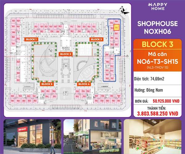 Shophouse khối đế Happy Home căn NO6-T3-SH15 — phân khu NOXH06, diện tích 74,69 m², đơn giá 50,9 triệu/m², khoảng 3,80 tỷ đã gồm VAT