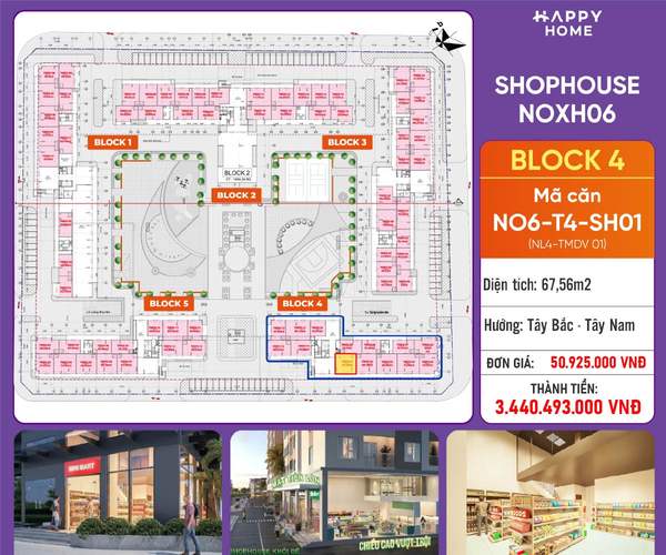Shophouse khối đế Happy Home căn NO6-T4-SH01 — phân khu NOXH06, diện tích 67,56 m², đơn giá 50,9 triệu/m², khoảng 3,44 tỷ đã gồm VAT