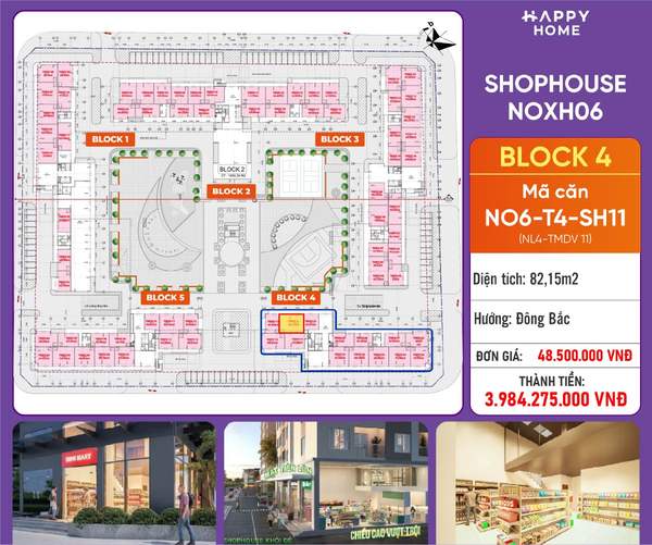 Shophouse khối đế Happy Home căn NO6-T4-SH11 — phân khu NOXH06, diện tích 82,15 m², đơn giá 48,5 triệu/m², khoảng 3,98 tỷ đã gồm VAT