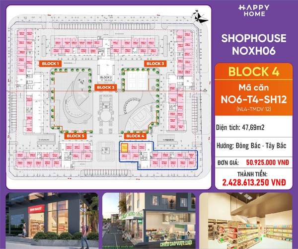 Shophouse khối đế Happy Home căn NO6-T4-SH12 — phân khu NOXH06, diện tích 47,69 m², đơn giá 50,9 triệu/m², khoảng 2,43 tỷ đã gồm VAT