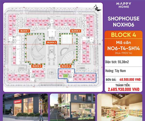 Shophouse khối đế Happy Home căn NO6-T4-SH14 — phân khu NOXH06, diện tích 55,38 m², đơn giá 48,5 triệu/m², khoảng 2,69 tỷ đã gồm VAT