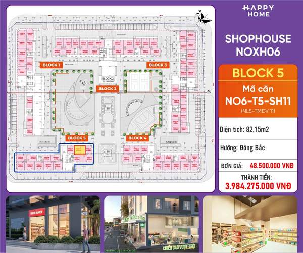 Shophouse khối đế Happy Home căn NO6-T5-SH11 — phân khu NOXH06, diện tích 82,15 m², đơn giá 48,5 triệu/m², khoảng 3,98 tỷ đã gồm VAT