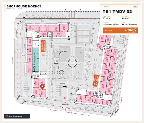 Shophouse khối đế Happy Home căn TB1-TMDV 02 — lô NOXH03, hướng Đông Nam - Tây Nam, căn góc, diện tích 65,2 m², đơn giá 58 triệu/m², khoảng 3,78 tỷ đã gồm VAT