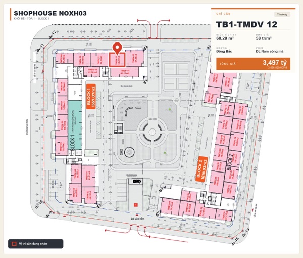 Shophouse khối đế Happy Home căn TB1-TMDV 12 — lô NOXH03, hướng Đông Bắc, diện tích 60,29 m², đơn giá 58 triệu/m², khoảng 3,50 tỷ đã gồm VAT