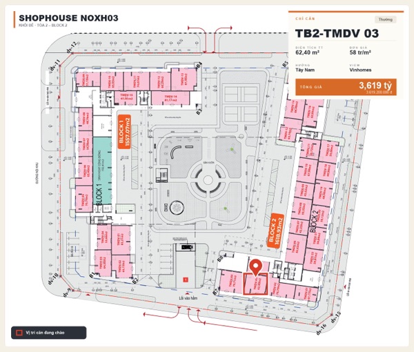 Shophouse khối đế Happy Home căn TB2-TMDV 03 — lô NOXH03, hướng Tây Nam, diện tích 62,4 m², đơn giá 58 triệu/m², khoảng 3,62 tỷ đã gồm VAT