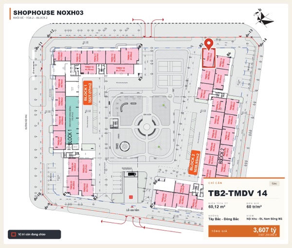 Shophouse khối đế Happy Home căn TB2-TMDV 14 — lô NOXH03, hướng Tây Bắc - Đông Bắc, căn góc, diện tích 60,12 m², đơn giá 60 triệu/m², khoảng 3,61 tỷ đã gồm VAT