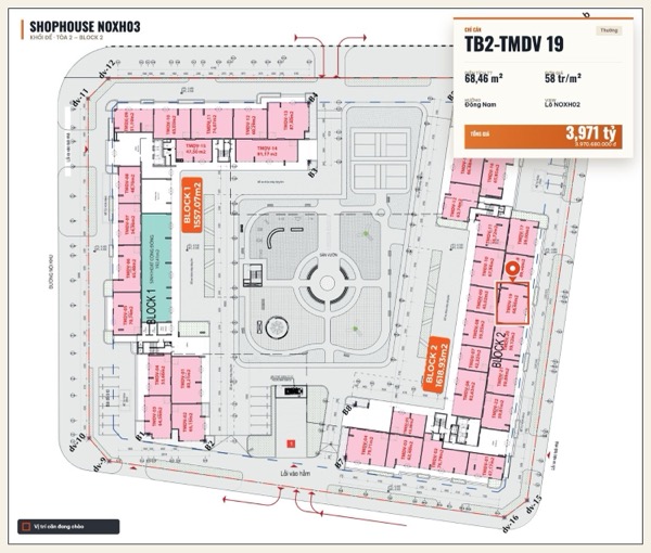 Shophouse khối đế Happy Home căn TB2-TMDV 19 — lô NOXH03, hướng Đông Nam, diện tích 68,46 m², đơn giá 58 triệu/m², khoảng 3,97 tỷ đã gồm VAT